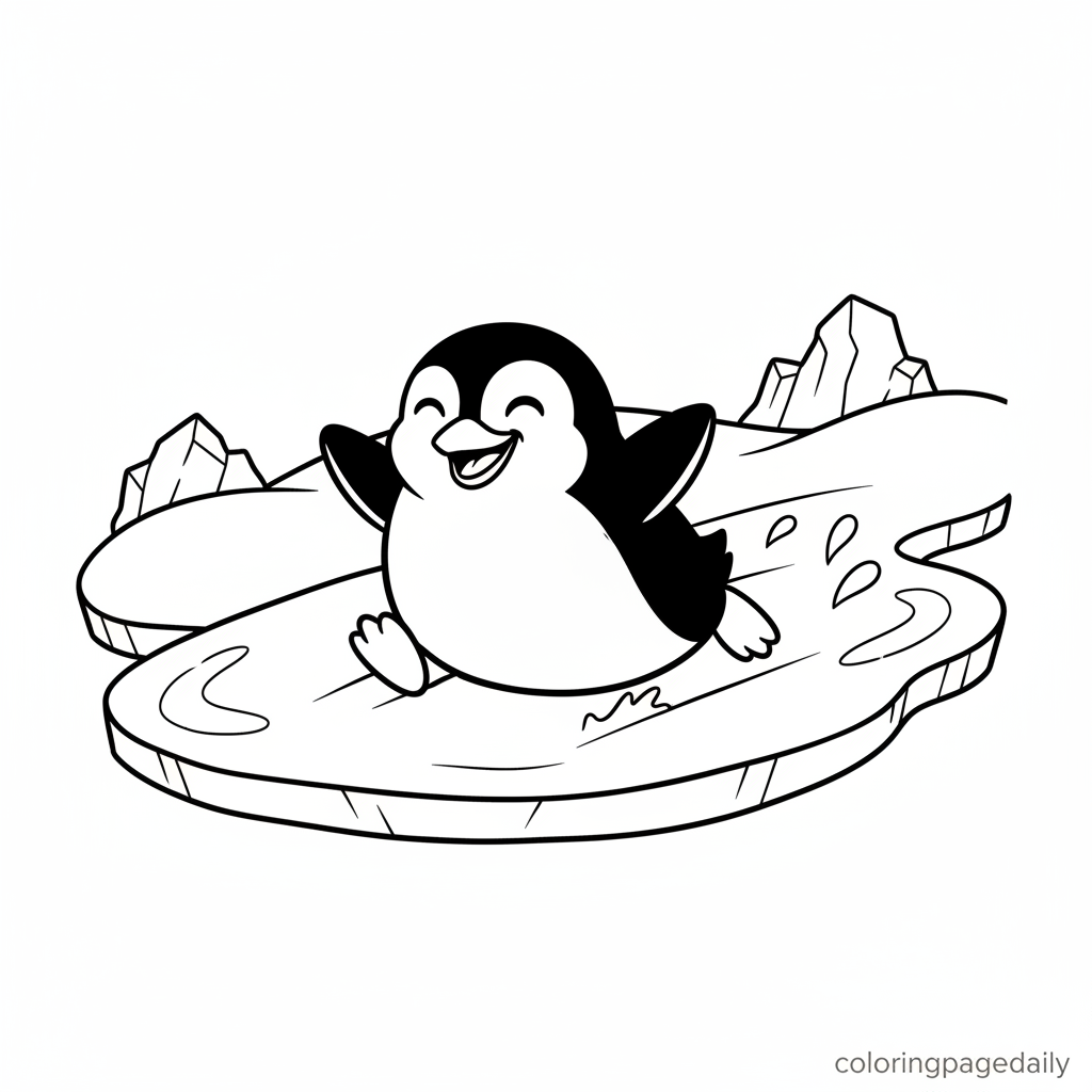 Penguin Belly Slide - Black and white coloring page ready to print