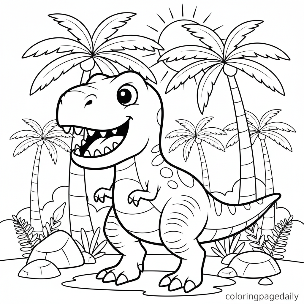 Friendly T-Rex Roar - Black and white coloring page ready to print