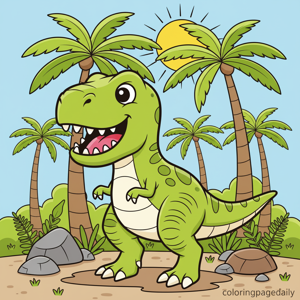 Friendly T-Rex Roar - Colored reference example for this printable coloring page
