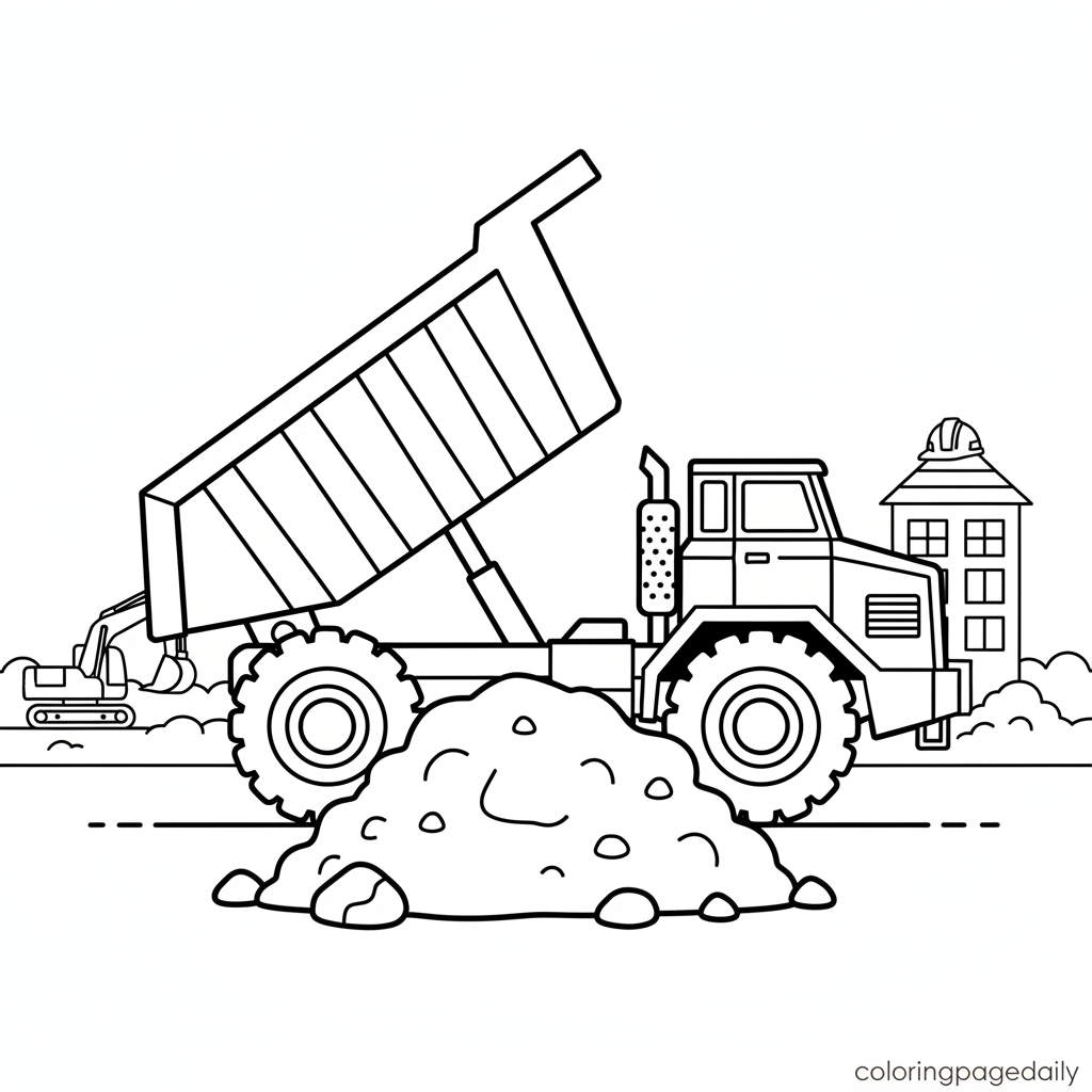 Dump Truck Unloading - Black and white coloring page ready to print