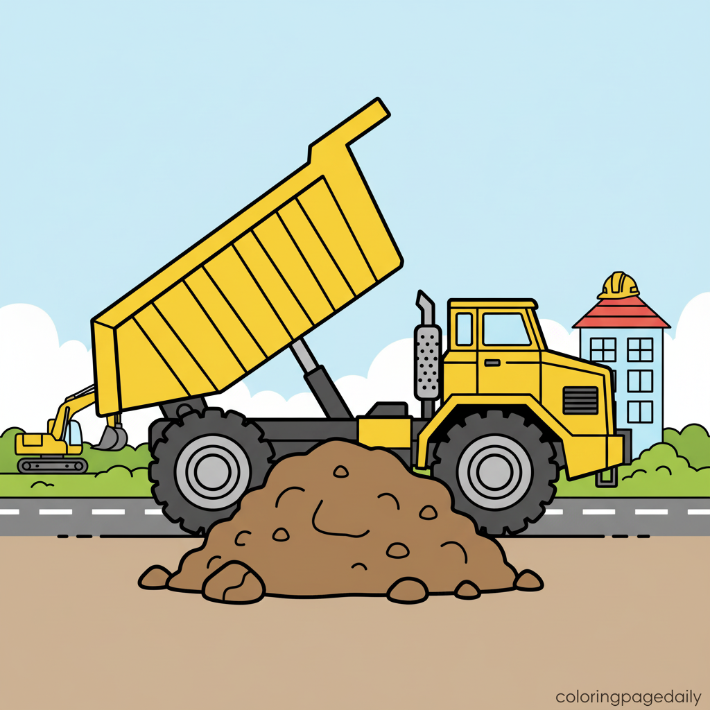 Dump Truck Unloading - Colored reference example for this printable coloring page