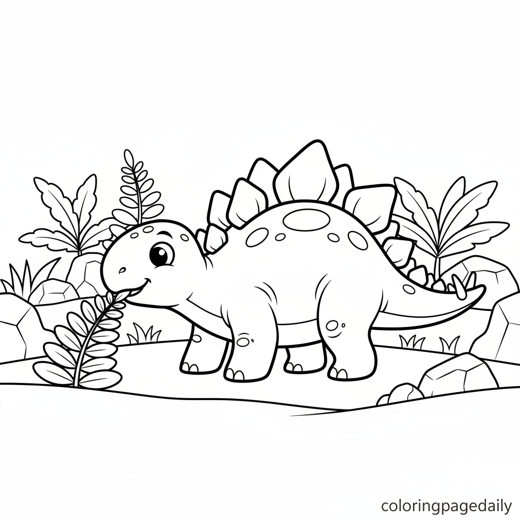 Stegosaurus Lunch Time - Black and white coloring page ready to print