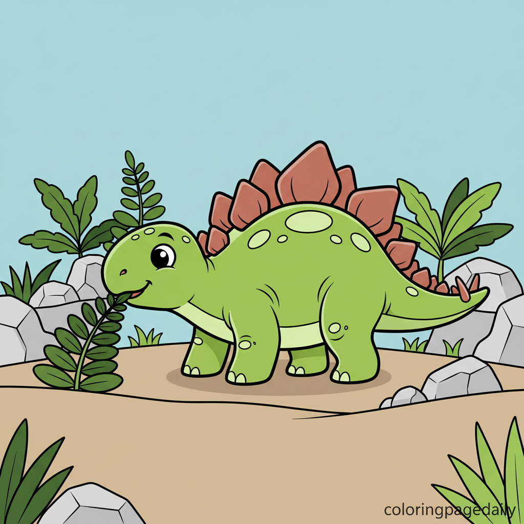 Stegosaurus Lunch Time - Colored reference example for this printable coloring page