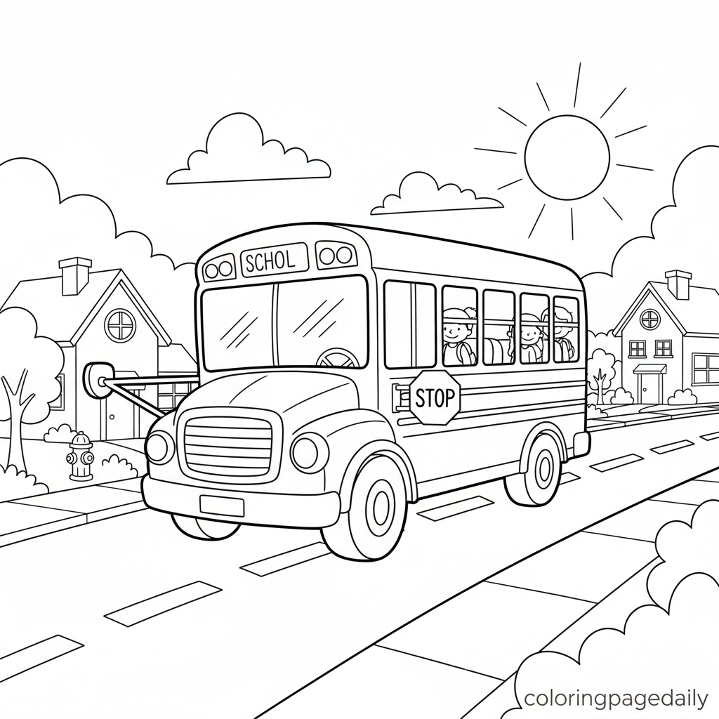 School Bus Ride - Black and white coloring page ready to print