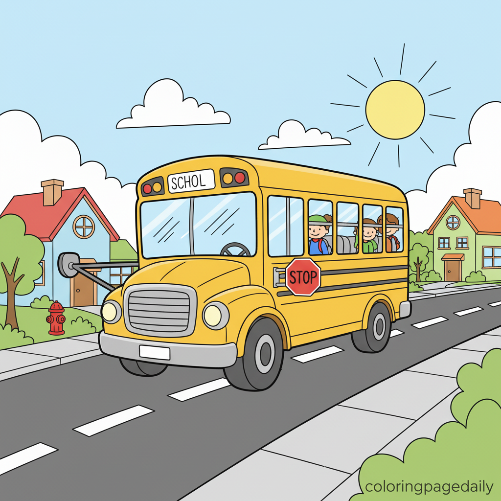 School Bus Ride - Colored reference example for this printable coloring page