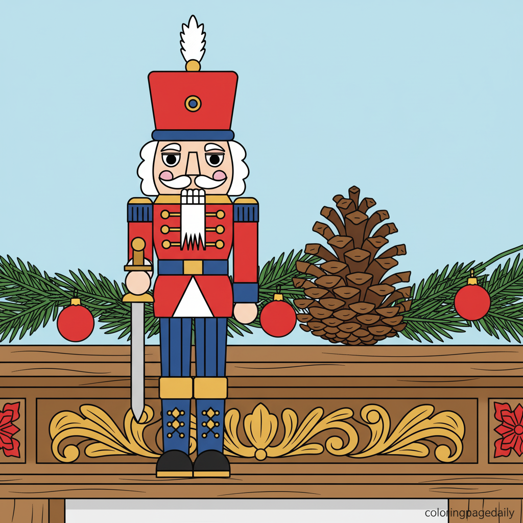 Wooden Nutcracker Soldier - Colored reference example for this printable coloring page