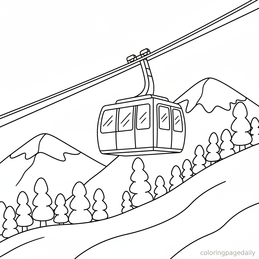 Snowy Cable Car - Black and white coloring page ready to print