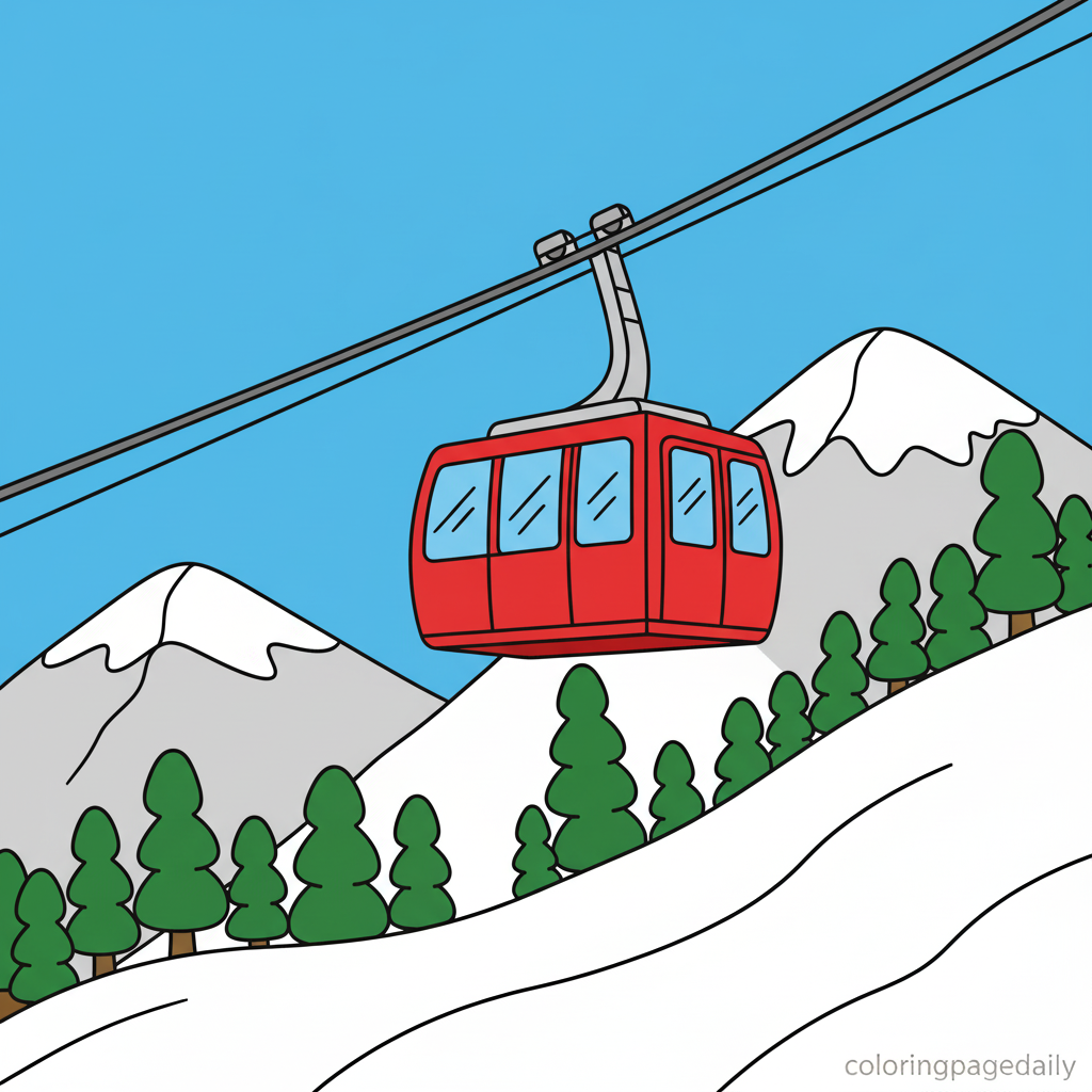Snowy Cable Car - Colored reference example for this printable coloring page