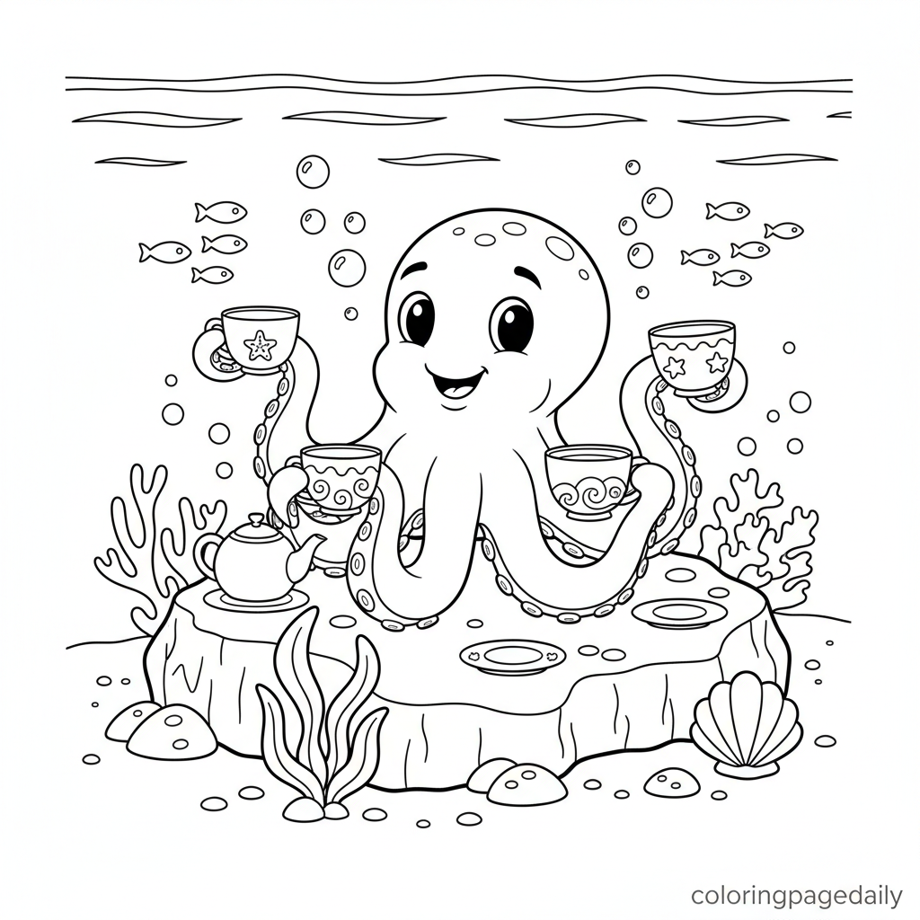 Octopus Underwater Tea Party - Black and white coloring page ready to print
