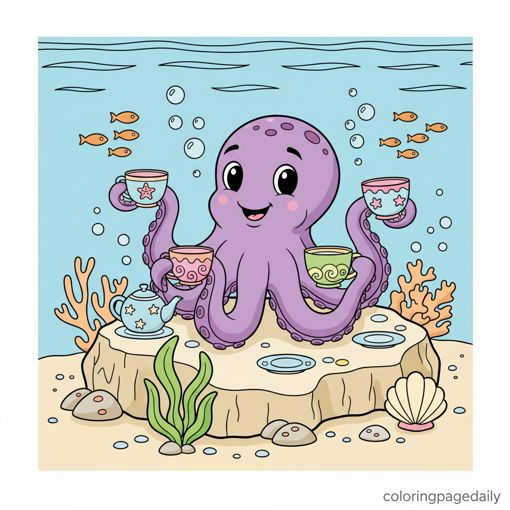 Octopus Underwater Tea Party - Colored reference example for this printable coloring page