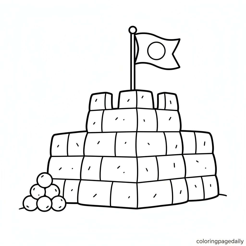Snow Fort with Flag - Black and white coloring page ready to print