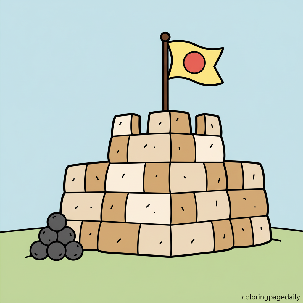 Snow Fort with Flag - Colored reference example for this printable coloring page