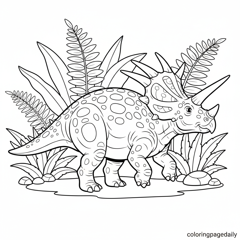 Styracosaurus Walking in Ferns - Black and white coloring page ready to print