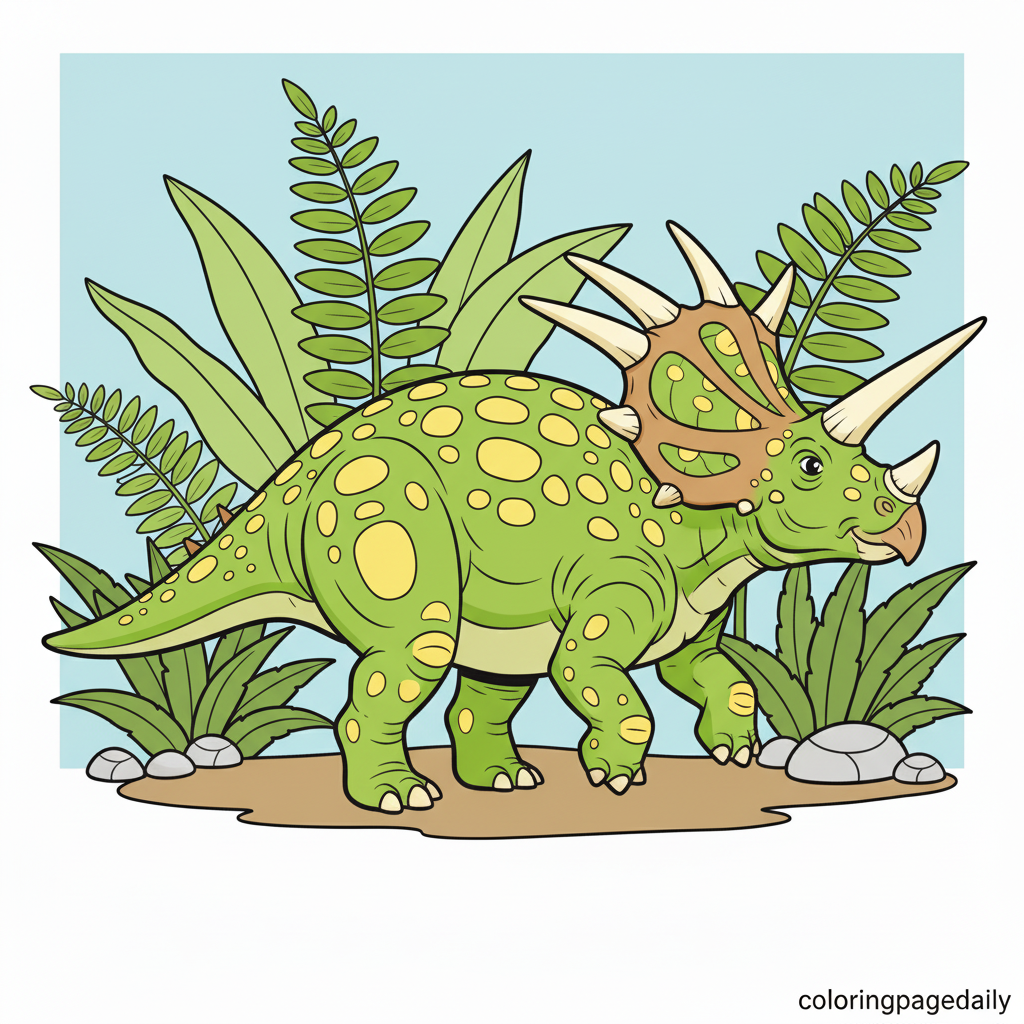 Styracosaurus Walking in Ferns - Colored reference example for this printable coloring page