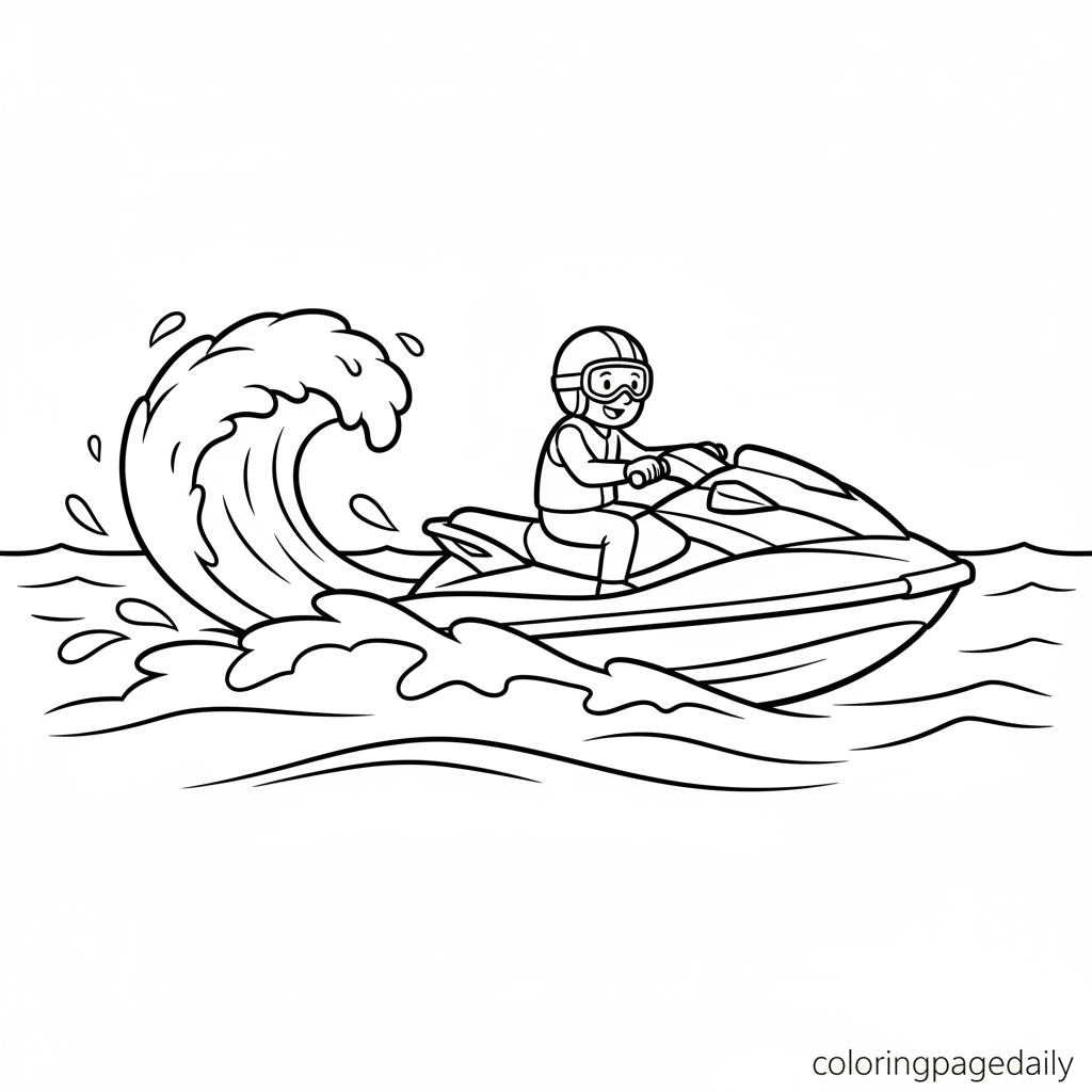 Jet Ski Speeding on Water - Black and white coloring page ready to print
