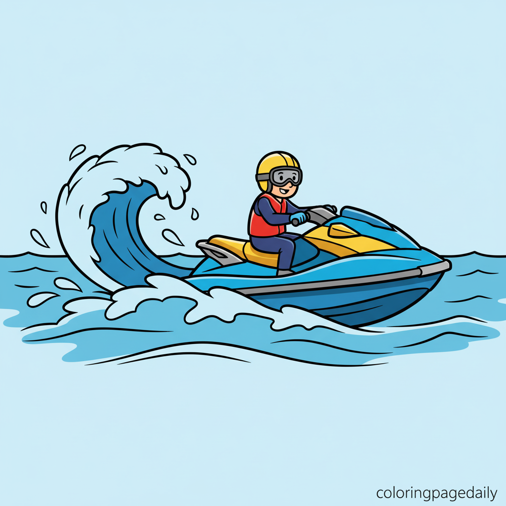 Jet Ski Speeding on Water - Colored reference example for this printable coloring page