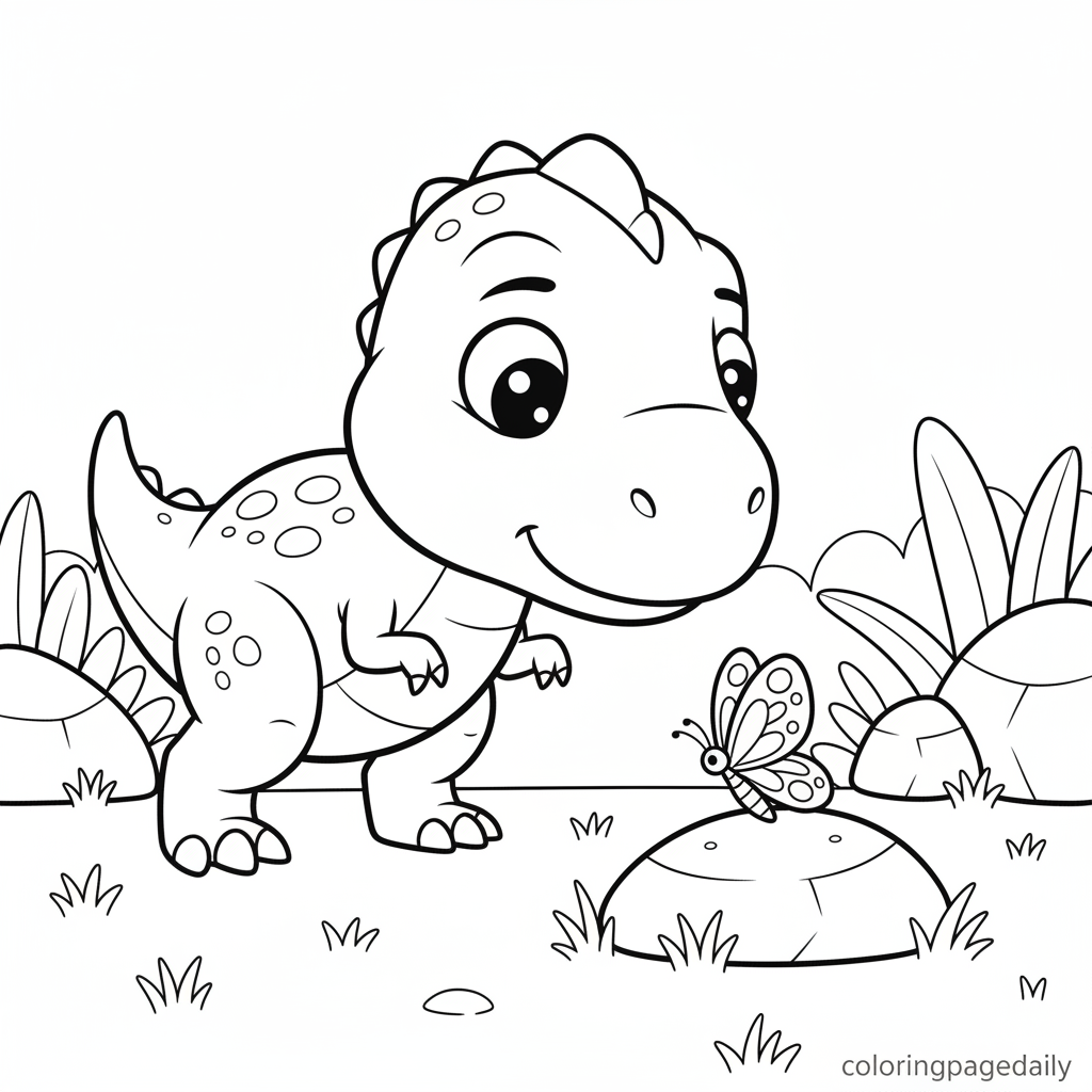 T-Rex and the Butterfly - Black and white coloring page ready to print
