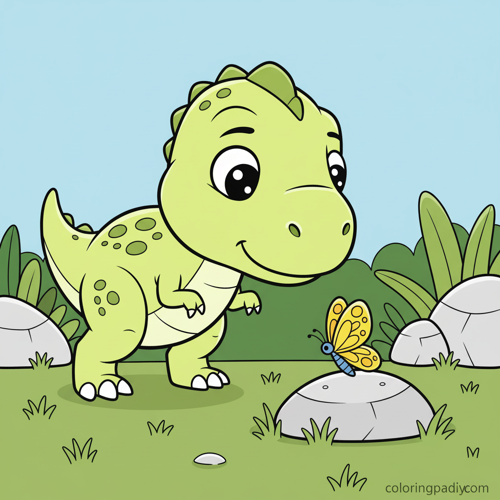 T-Rex and the Butterfly - Colored reference example for this printable coloring page