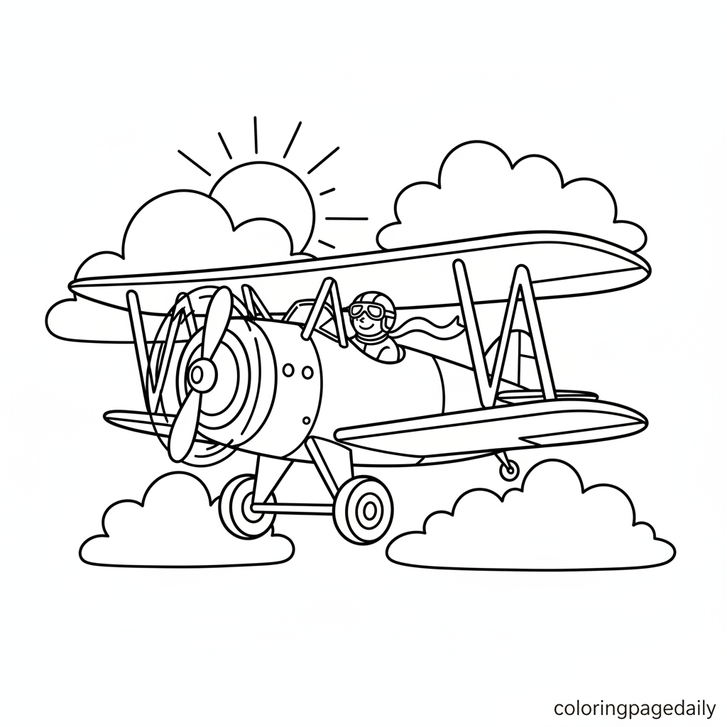 Vintage Biplane Flight - Black and white coloring page ready to print