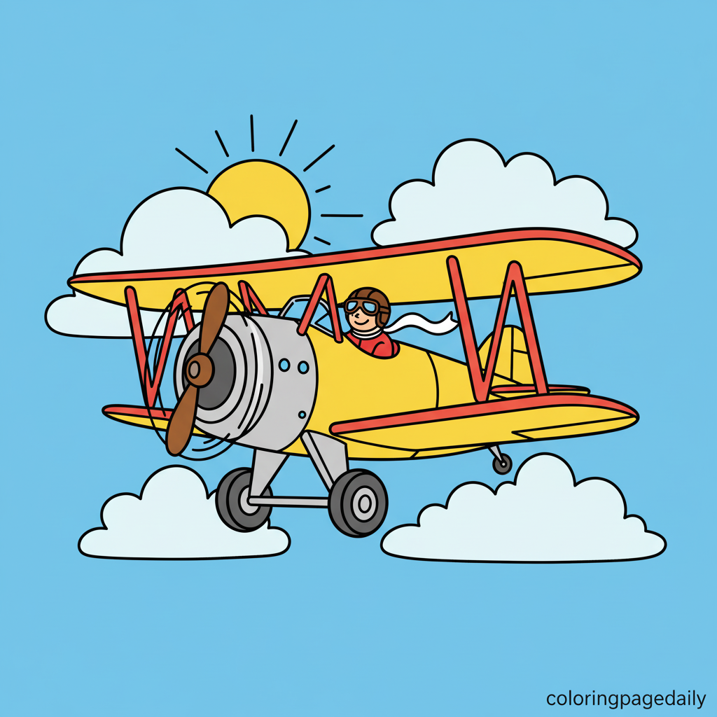 Vintage Biplane Flight - Colored reference example for this printable coloring page