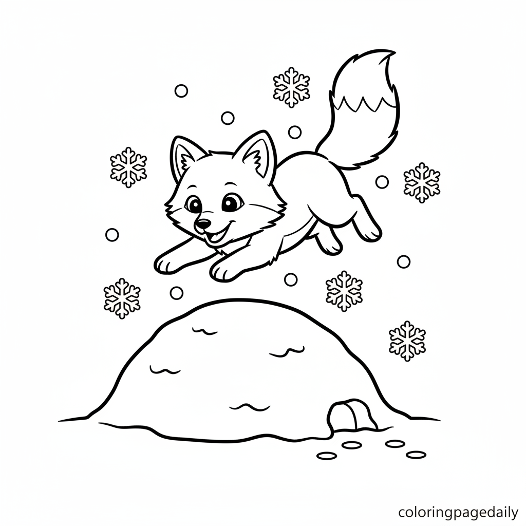 Arctic Fox Pouncing Snow - Black and white coloring page ready to print