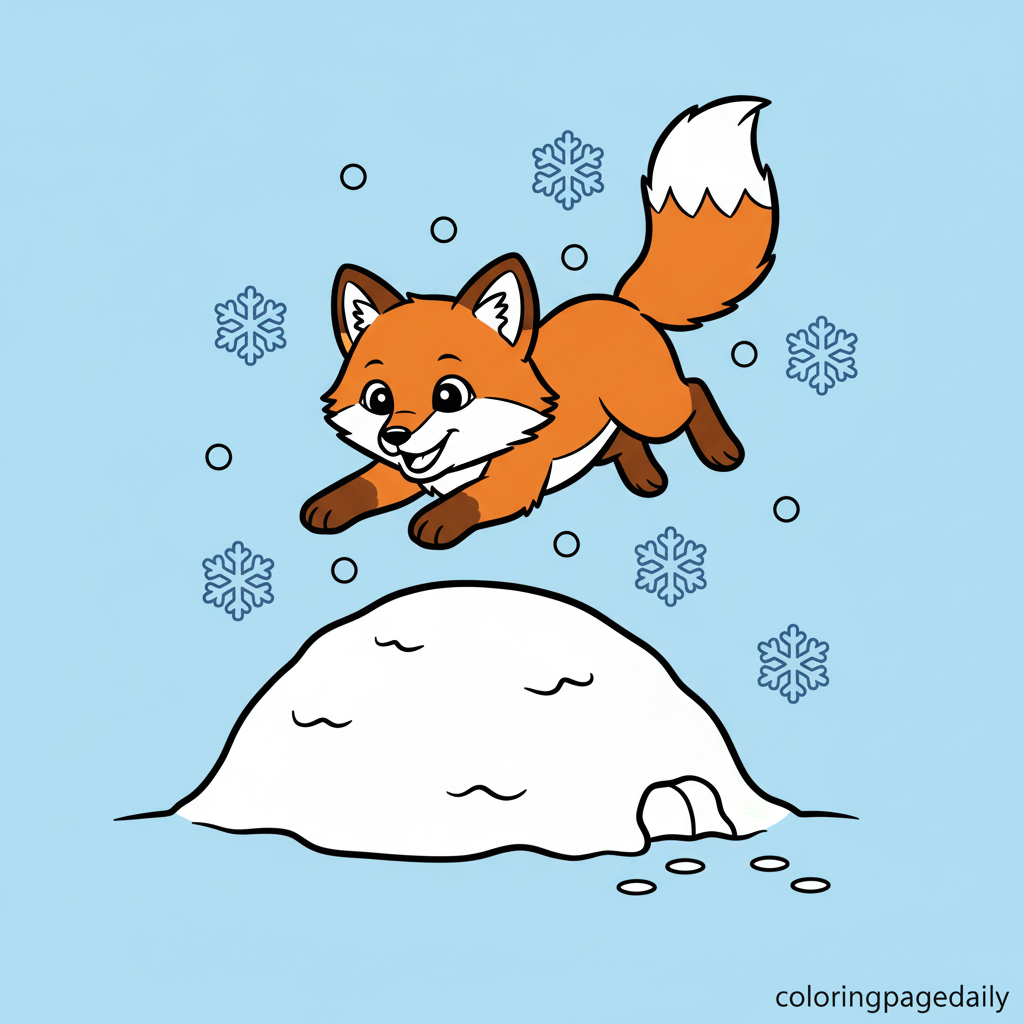 Arctic Fox Pouncing Snow - Colored reference example for this printable coloring page