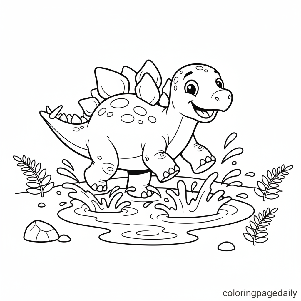 Stegosaurus Muddy Puddle Splash - Black and white coloring page ready to print