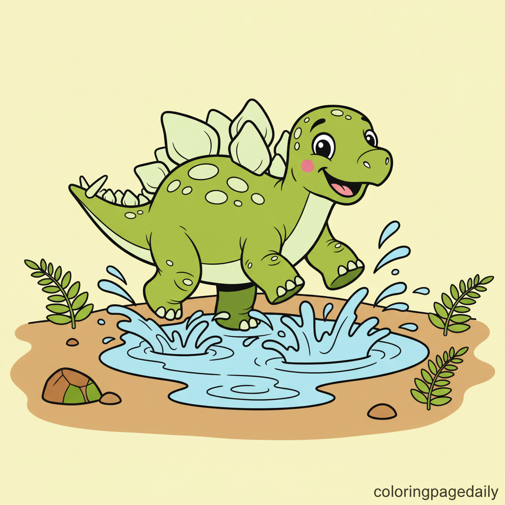 Stegosaurus Muddy Puddle Splash - Colored reference example for this printable coloring page
