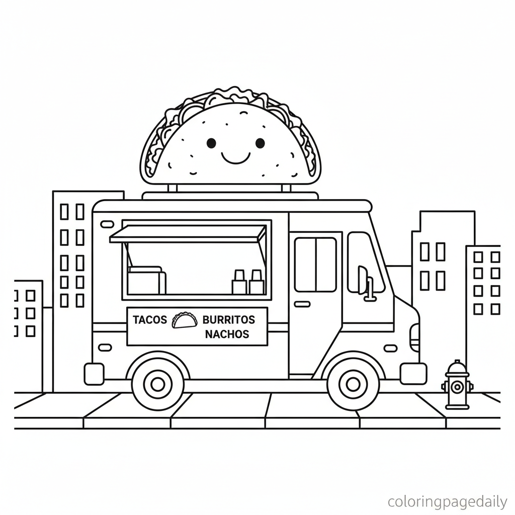 Taco Food Truck - Black and white coloring page ready to print