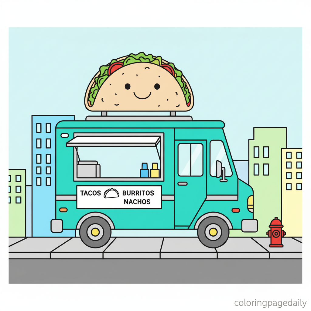 Taco Food Truck - Colored reference example for this printable coloring page