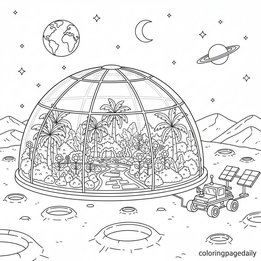 Lunar Bio-Dome Garden - Black and white coloring page ready to print