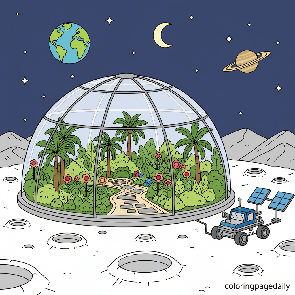 Lunar Bio-Dome Garden - Colored reference example for this printable coloring page