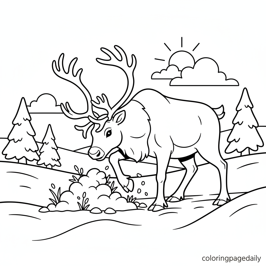 Wild Reindeer Grazing - Black and white coloring page ready to print