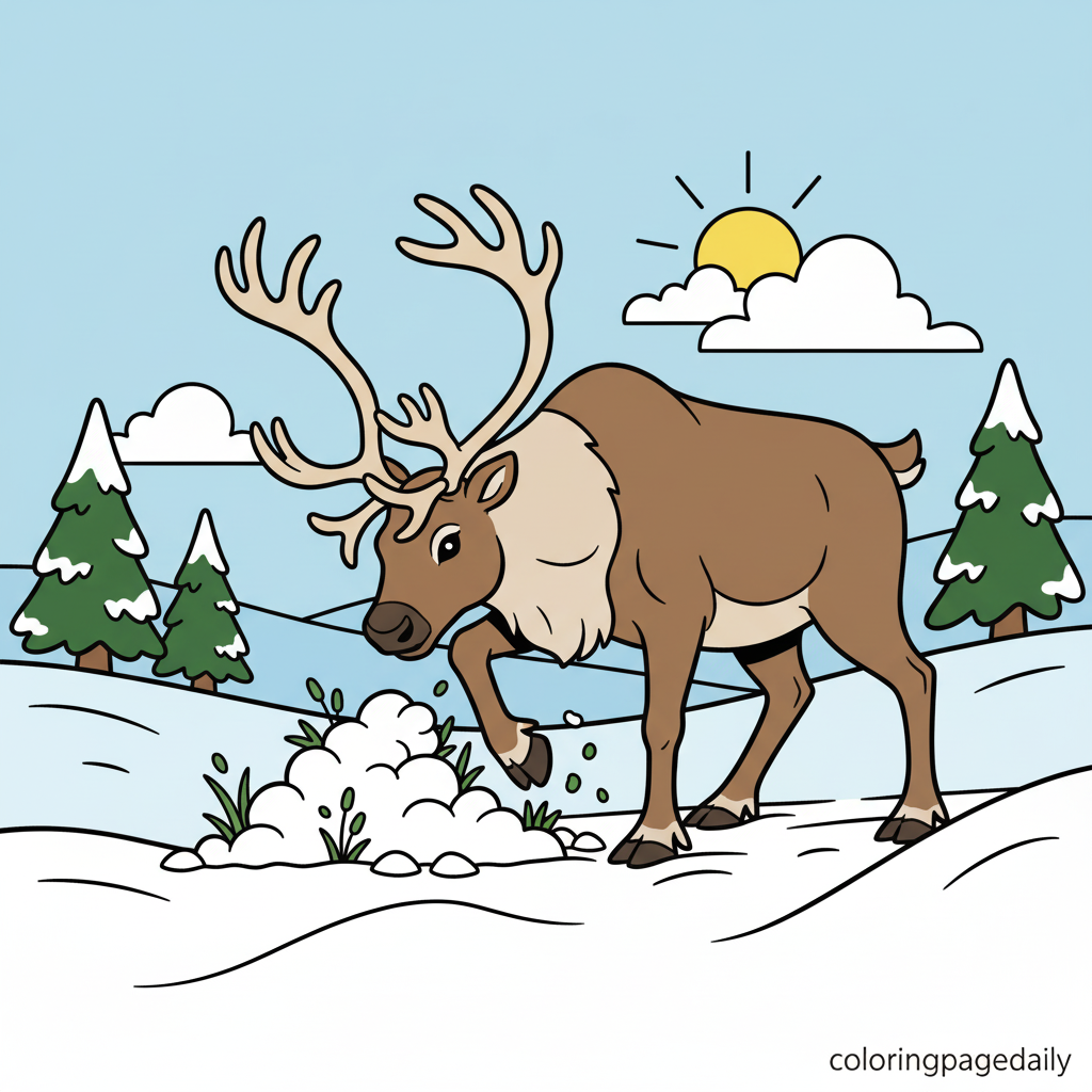 Wild Reindeer Grazing - Colored reference example for this printable coloring page