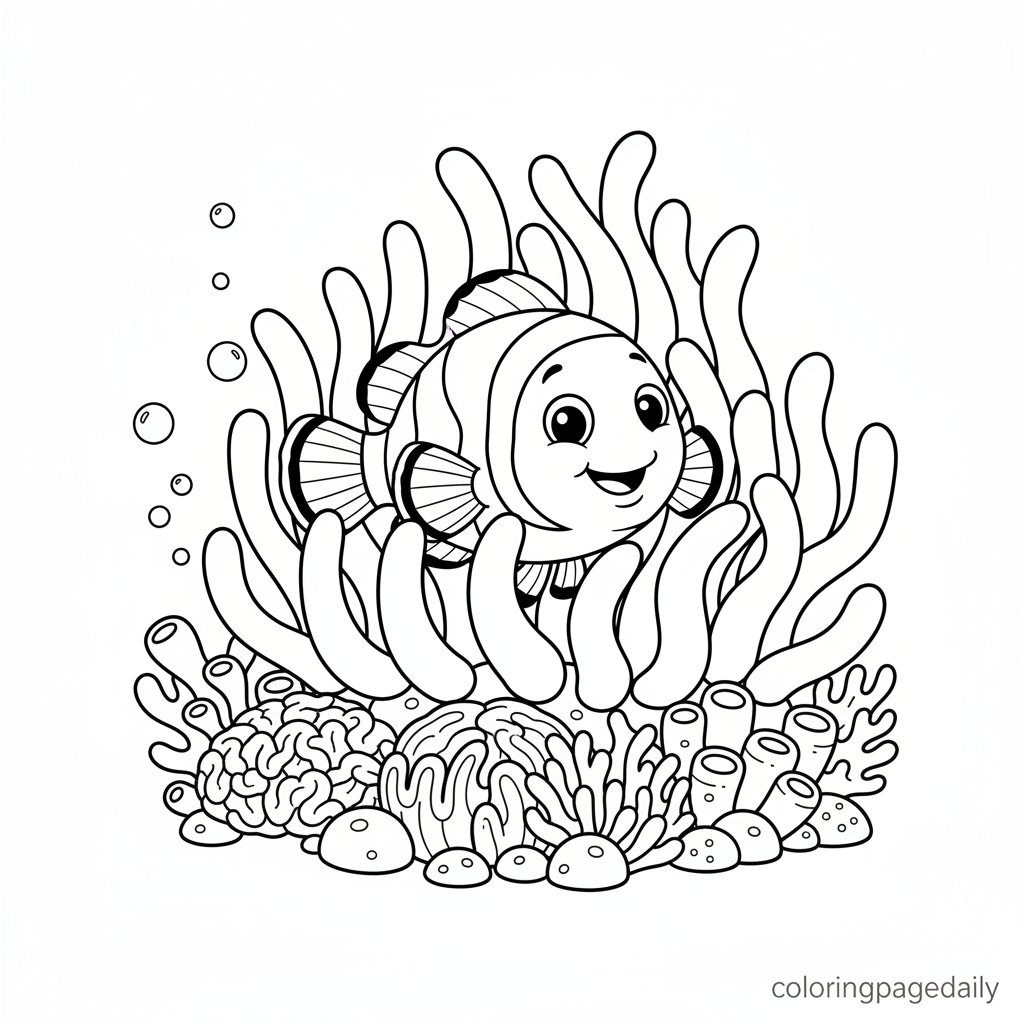 Clownfish in Anemone - Black and white coloring page ready to print