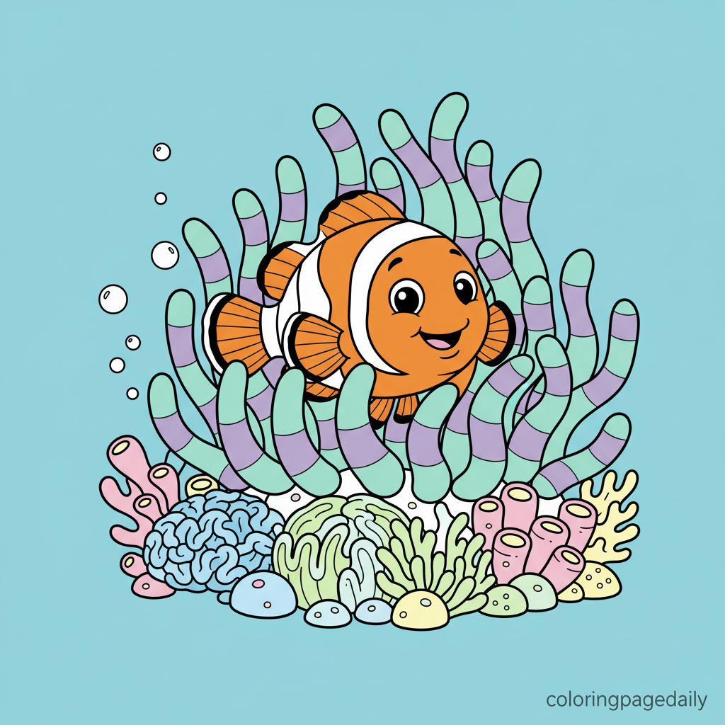 Clownfish in Anemone - Colored reference example for this printable coloring page