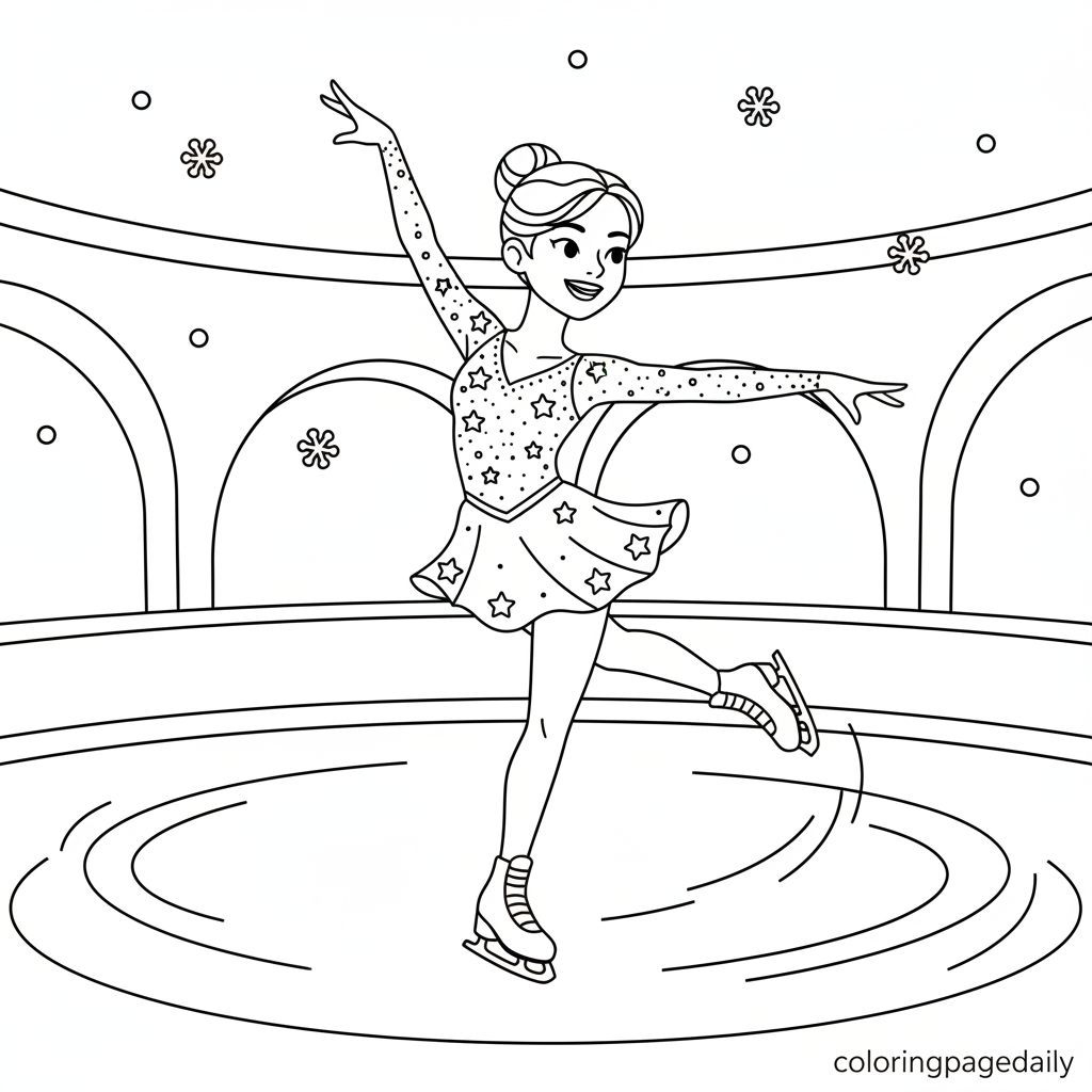Figure Skater Spinning - Black and white coloring page ready to print
