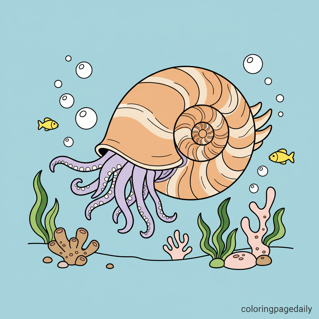 Nautilus Ocean Swimmer - Colored reference example for this printable coloring page