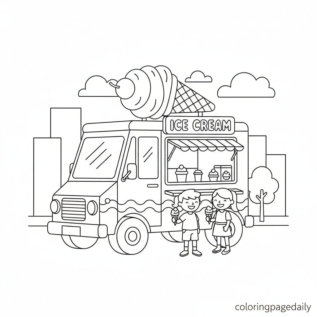 Neighborhood Ice Cream Truck - Black and white coloring page ready to print