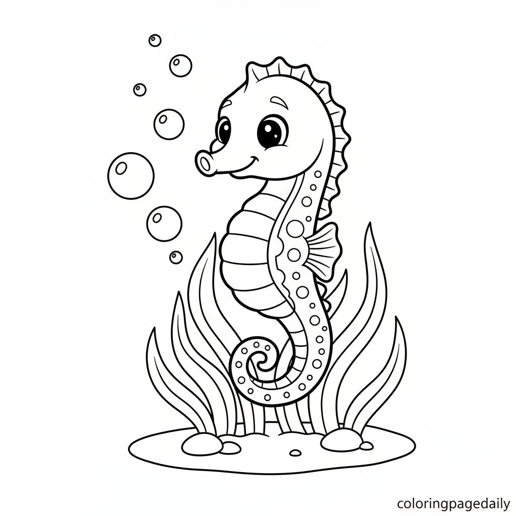 Seahorse on Seagrass - Black and white coloring page ready to print