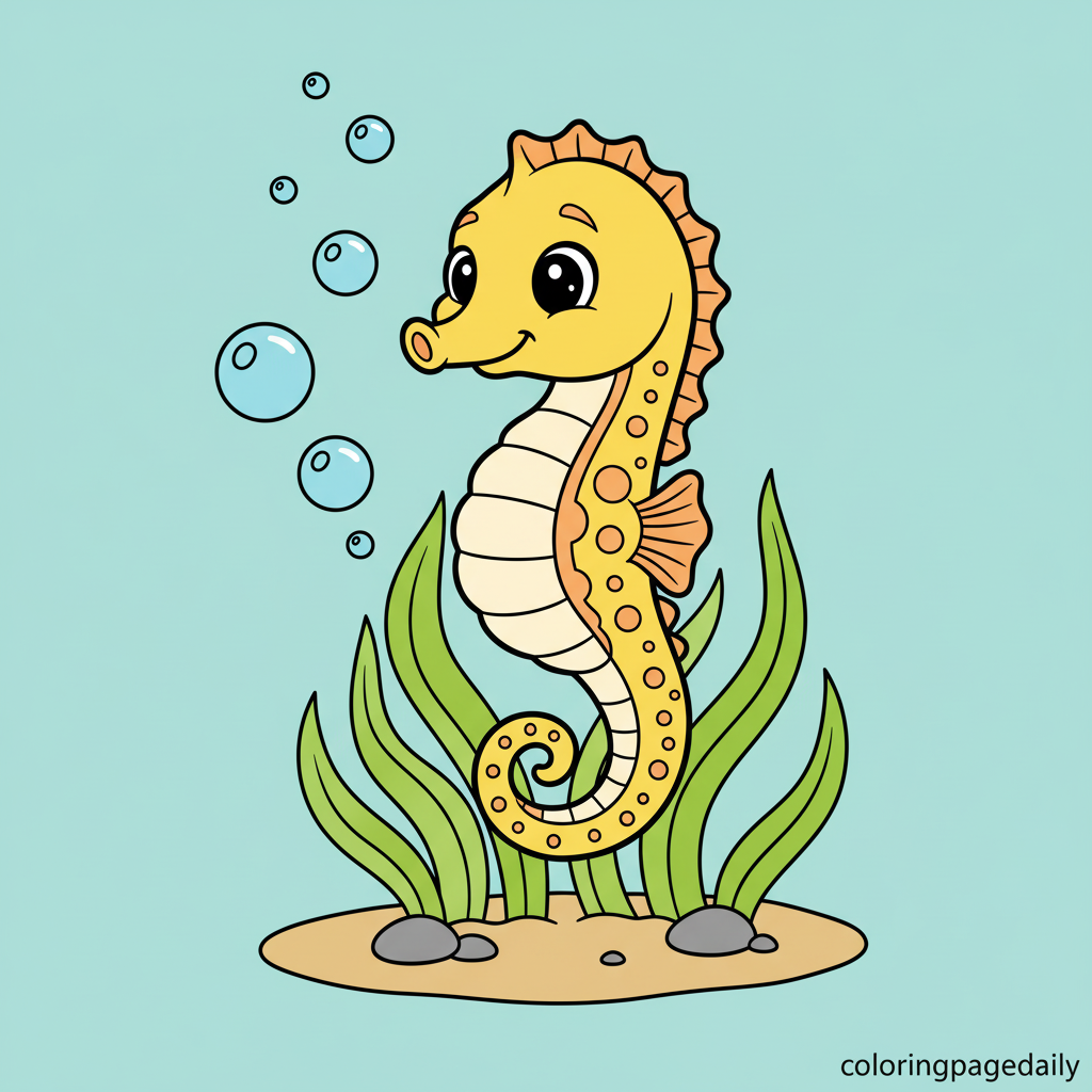 Seahorse on Seagrass - Colored reference example for this printable coloring page