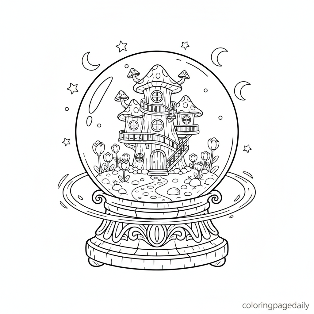 Magical Crystal Ball House - Black and white coloring page ready to print