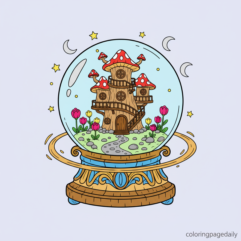 Magical Crystal Ball House - Colored reference example for this printable coloring page
