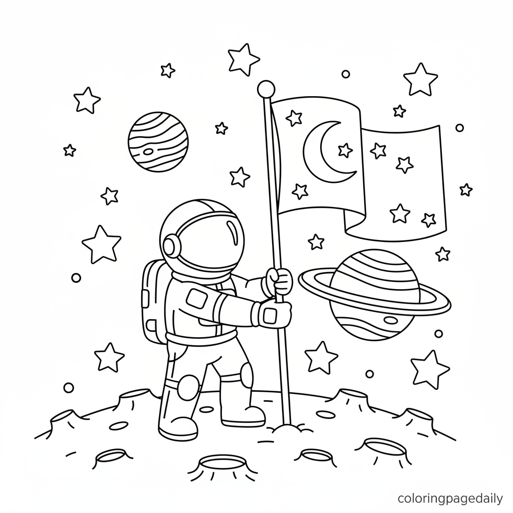 Astronaut Moon Landing - Black and white coloring page ready to print