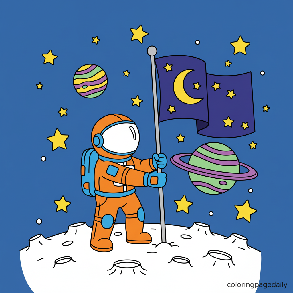Astronaut Moon Landing - Colored reference example for this printable coloring page