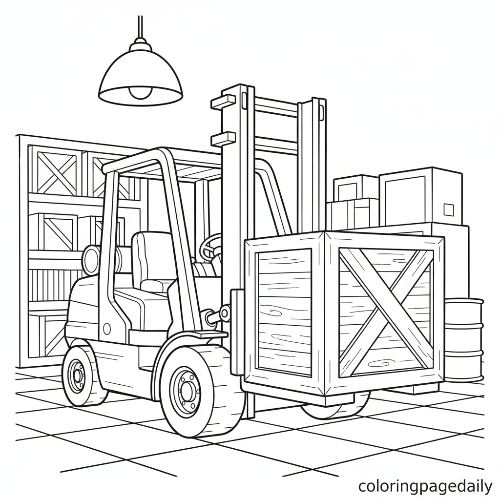 Industrial Forklift Work - Black and white coloring page ready to print