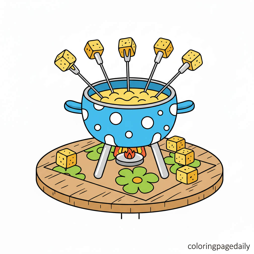 Swiss Cheese Fondue - Colored reference example for this printable coloring page