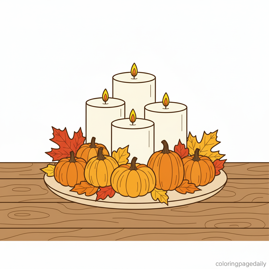 Thanksgiving Candle Centerpiece - Colored reference example for this printable coloring page