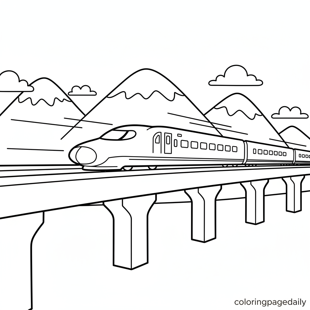 Bullet Train Journey - Black and white coloring page ready to print