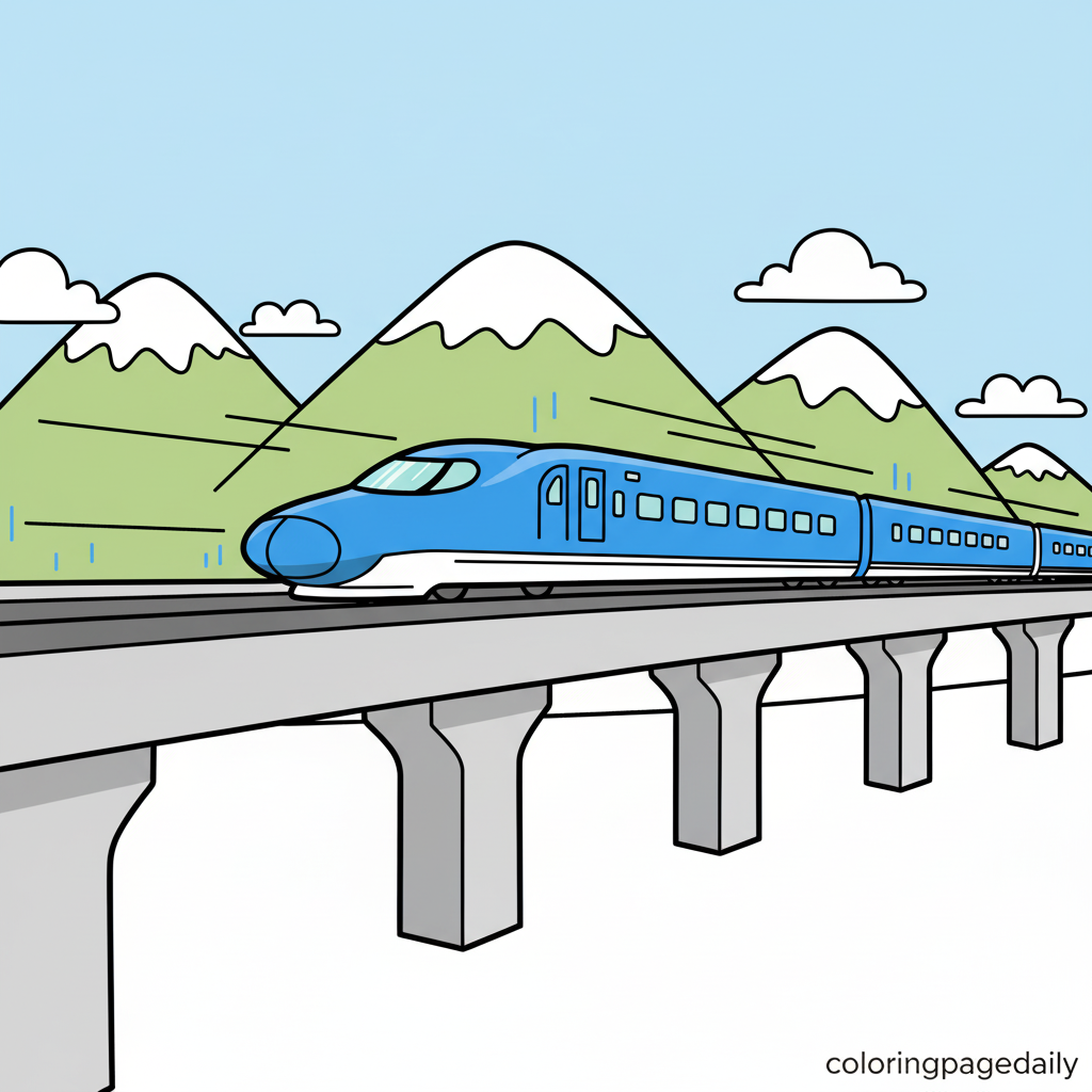 Bullet Train Journey - Colored reference example for this printable coloring page